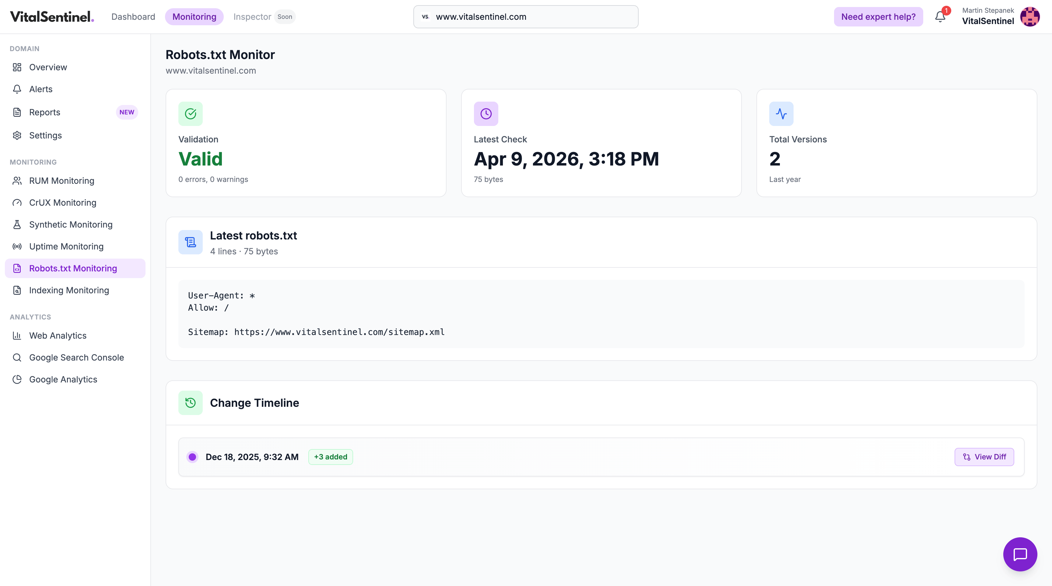 VitalSentinel robots.txt monitoring dashboard
